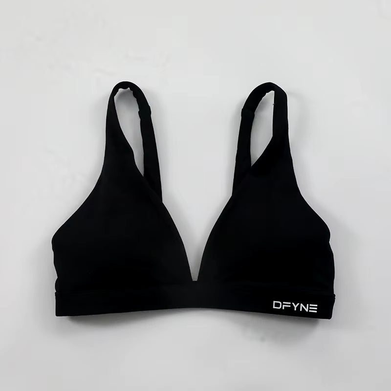 Dfyne Origin Minimal Sports Bra for Women Sexy Deep V-Neck Triangle Yoga Bra Buttery Soft Open Back Padded Fitness Gym Crop Top